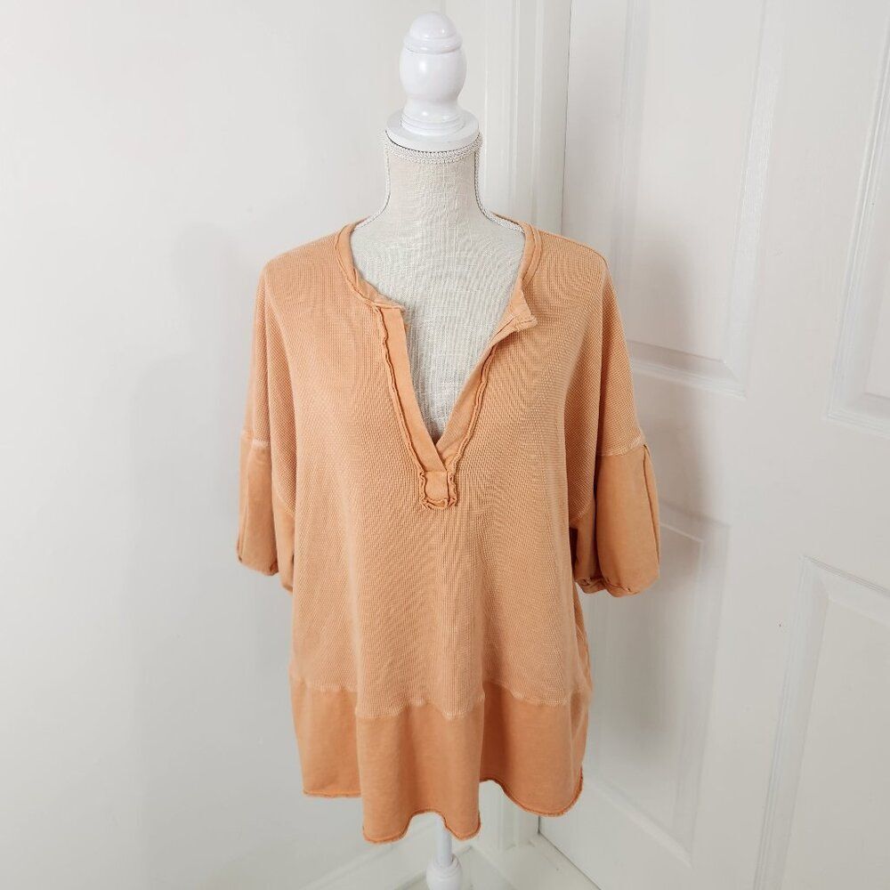 J. Her Top Womens S Orange Mineral Wash Tunic Thermal Waffle Knit Boho Slouchy
